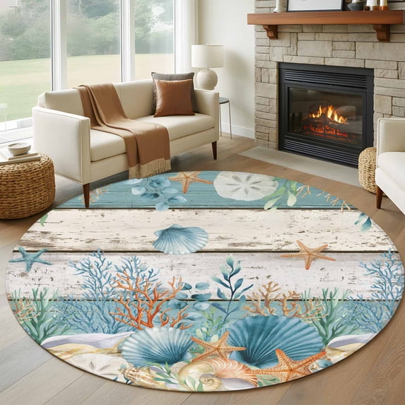 Round Rug 5Ft Washable Non-Slip, Vintage Blue Coastal Circle Area Rugs for Living Room Bedroom, Summer Beach Starfish Shell Coral Nautical Indoor Floor Mats Carpet Runner for Home Decor Aesthetic