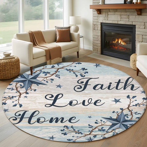Round Rug 5Ft Washable Non-Slip, Vintage Farmhouse Circle Area Rugs for Living Room Bedroom, Blue Country Texas Star Vines Wooden Indoor Floor Mats Carpet Runner for Home Decor Aesthetic