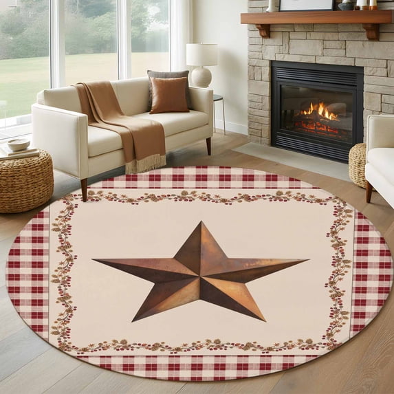 Round Rug 5Ft Washable Non-Slip, Western Texas Star Retro Circle Area Rugs for Living Room Bedroom, Rustic Vintage Farm Red Beige Plaid Indoor Floor Mats Carpet Runner for Home Decor Aesthetic