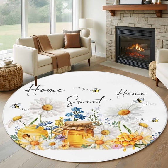 Round Rug 5Ft Washable Non-Slip, White Daisy Circle Area Rugs for Living Room Bedroom, Spring Floral Elegant Farmhouse Botanical Bees Indoor Floor Mats Carpet Runner for Home Decor Aesthetic