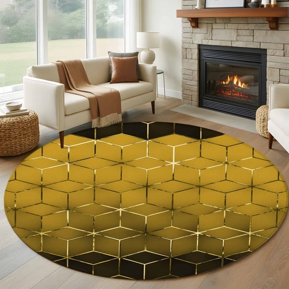 Round Rug 5Ft Washable Non-Slip, Yellow Geometric Circle Area Rugs for Living Room Bedroom, Modern Abstract Art Ombre Indoor Floor Mats Carpet Runner for Home Decor Aesthetic
