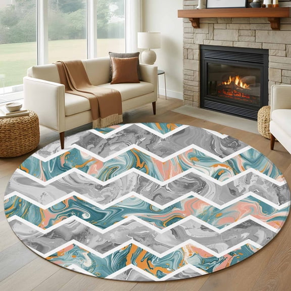 Round Rug 5ft Abstract Geometric Zigzag Chevron Washable Area Rugs for Living Room Bedroom Entryway Non Slip Entrance Door Mat Indoor Floor Carpet Modern Marble Texture