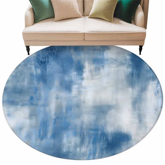 Round Rug 5ft Area Rug, Abstract Blue Mottled Texture Area Rugs for Living Room Bedroom, Modern Aesthetic Art Floor Mat Non-Slip Non-Shedding Carpet Indoor Accent Rugs