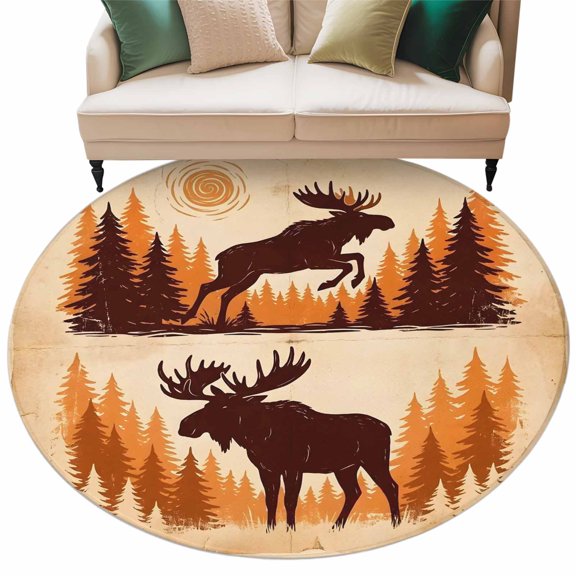 Round Rug 5ft Area Rug, Animals Jumping Moose Area Rugs for Living Room Bedroom, Vintage Rustic Art Floor Mat Non-Slip Non-Shedding Carpet Indoor Accent Rugs