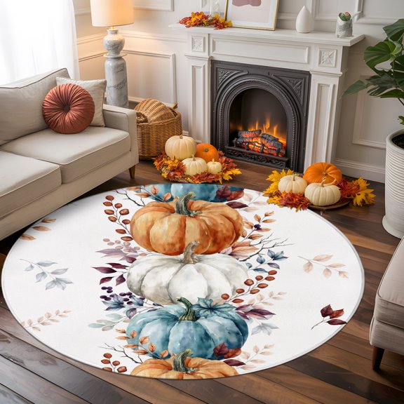 Round Rug 5ft Area Rug, Autumn Pumpkin Harvest Botanical Area Rugs for Living Room Bedroom, Orange Teal White Floor Mat Non-Slip Non-Shedding Carpet Indoor Accent Rugs