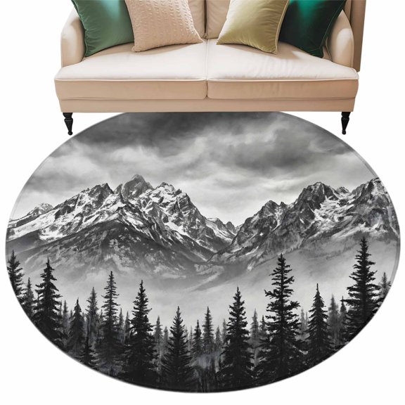 Round Rug 5ft Area Rug,Black Snow Mountain Mountains Area Rugs for Living Room Bedroom,Needle Forests Floor Mat Non-Slip Non-Shedding Carpet Indoor Accent Rugs