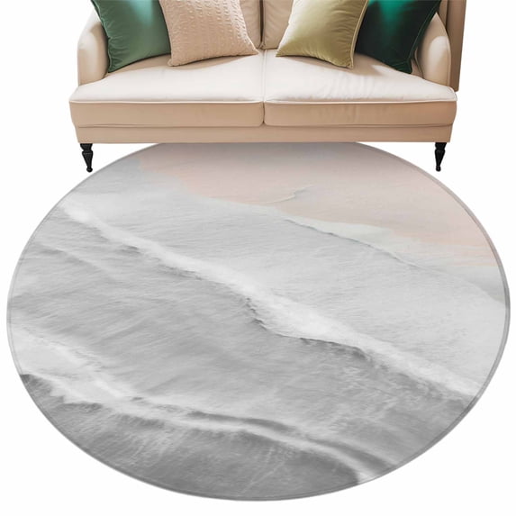 Round Rug 5ft Area Rug, Boho Beach Waves Gray Gradient Area Rugs for Living Room Bedroom, Summer Seaside Spray Floor Mat Non-Slip Non-Shedding Carpet Indoor Accent Rugs