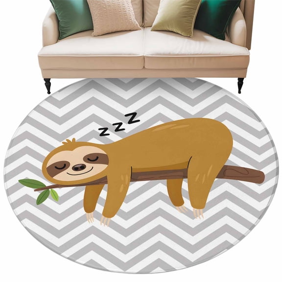 Round Rug 5ft Area Rug,Cartoon Sloth Tree Branch Area Rugs for Living Room Bedroom,Gray Chevron Stripe Animal Floor Mat Non-Slip Non-Shedding Carpet Indoor Accent Rugs