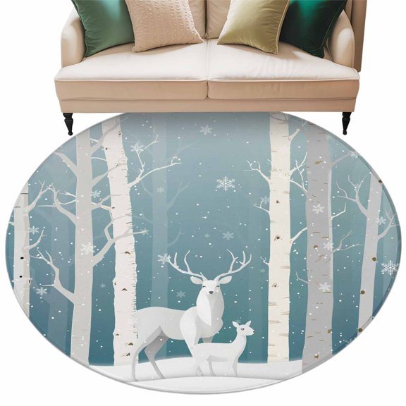 Round Rug 5ft Area Rug, Christmas Deer Tree Snowflake Area Rugs for Living Room Bedroom, Winter Forest Animal Snowfall Floor Mat Non-Slip Non-Shedding Carpet Indoor Accent Rugs