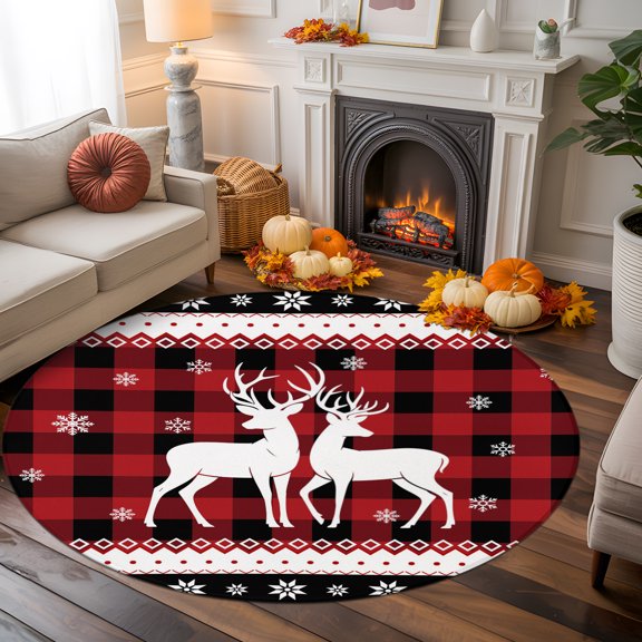Round Rug 5ft Area Rug, Christmas Deer Winter Snowflake Area Rugs for Living Room Bedroom, Retro Buffalo Check Geometric Floor Mat Non-Slip Non-Shedding Carpet Indoor Accent Rugs