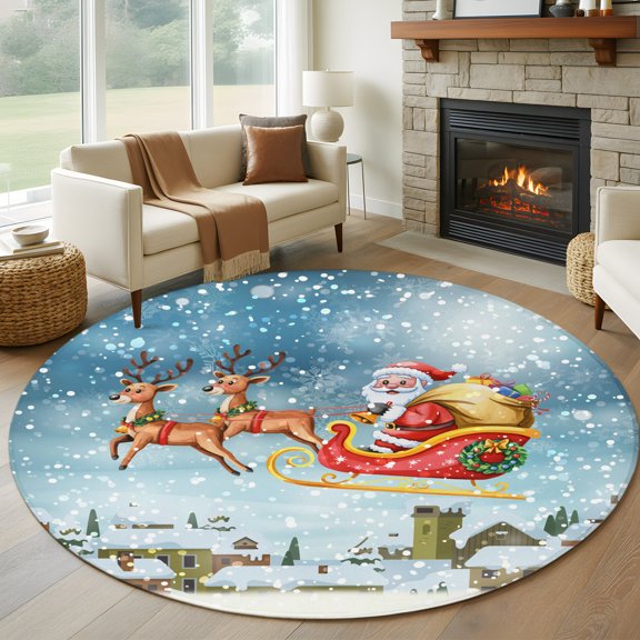 Round Rug 5ft Area Rug, Christmas Santa Claus Reindeer Sleigh Area Rugs for Living Room Bedroom, Winter Snow Farmhouse Floor Mat Non-Slip Non-Shedding Carpet Indoor Accent Rugs