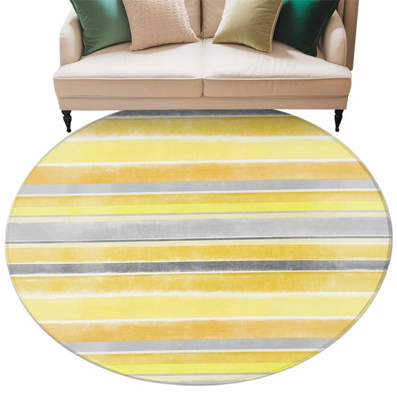 Round Rug 5ft Area Rug, Classic Yellow Gray Stripes Area Rugs for Living Room Bedroom, Northern Europe Floor Mat Non-Slip Non-Shedding Carpet Indoor Accent Rugs