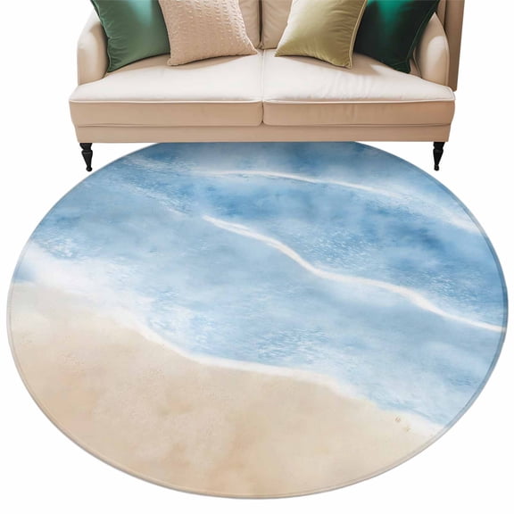 Round Rug 5ft Area Rug, Coastal Ocean Wave Seaside Area Rugs for Living Room Bedroom, Beach Navy Blue Water Ripple Floor Mat Non-Shedding Non-Slip Carpet Indoor Accent Rugs