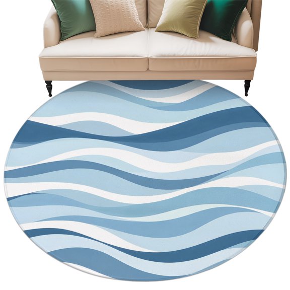 Round Rug 5ft Area Rug, Coastal Ocean Wave Stripe Area Rugs for Living Room Bedroom, Modern Navy Blue Gradient Line Floor Mat Non-Slip Non-Shedding Carpet Indoor Accent Rugs
