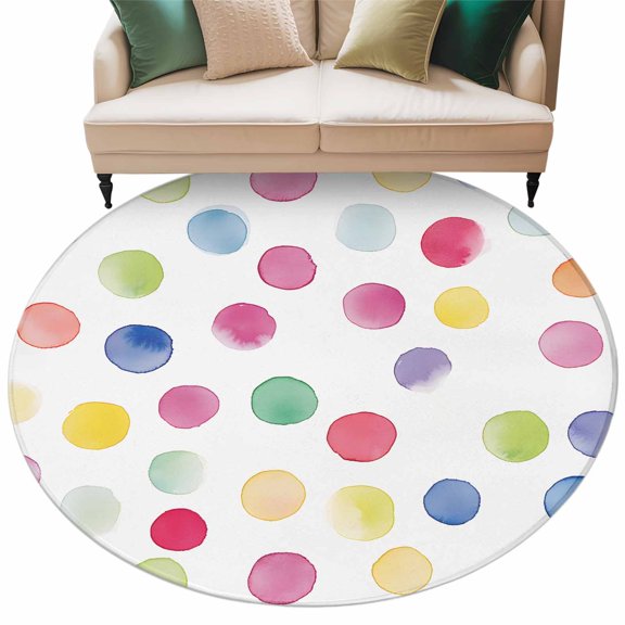 Round Rug 5ft Area Rug,Colorful Wave Point on White Area Rugs for Living Room Bedroom,Abstract Polka Dot Floor Mat Non-Slip Non-Shedding Carpet Indoor Accent Rugs