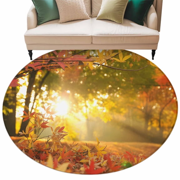 Round Rug 5ft Area Rug, Countryside Autumn Maple Leaf Area Rugs for Living Room Bedroom, Fall Sunset Woods Floor Mat Non-Slip Non-Shedding Carpet Indoor Accent Rugs