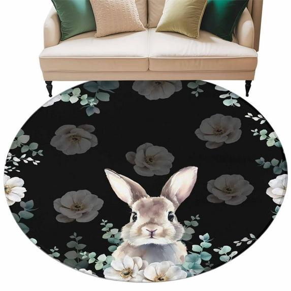 Round Rug 5ft Area Rug, Easter Bunny Eucalyptus Leaves Area Rugs for Living Room Bedroom, Flowers on Black Floor Mat Non-Slip Non-Shedding Carpet Indoor Accent Rugs