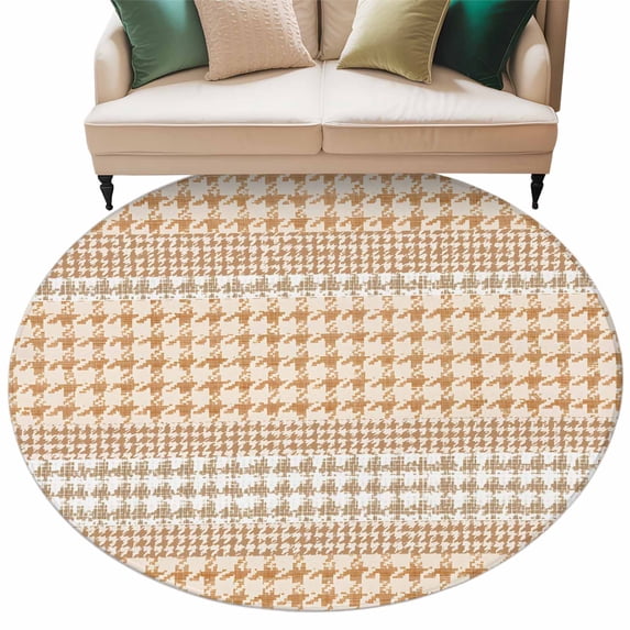 Round Rug 5ft Area Rug, Farm Lattice Houndstooth Pattern Area Rugs for Living Room Bedroom, Rustic Beige Khaki Plaid Floor Mat Non-Shedding Non-Slip Carpet Indoor Accent Rugs