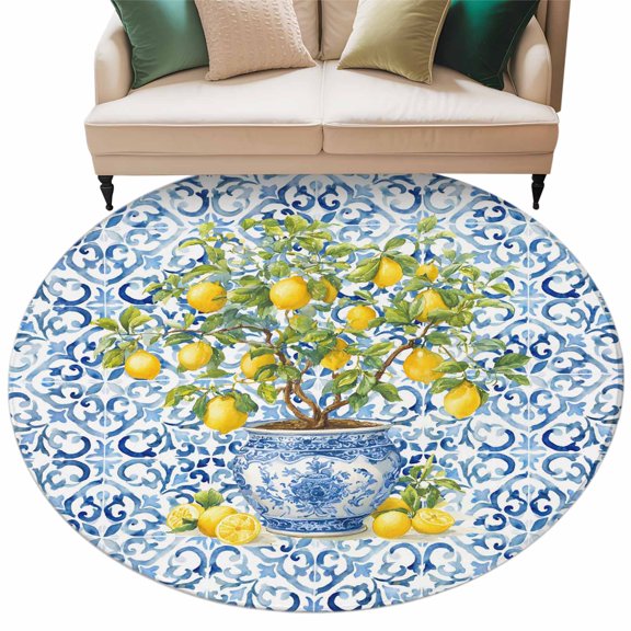 Round Rug 5ft Area Rug, Farm Lemon Fruit Leaves Area Rugs for Living Room Bedroom, Blue and White Porcelain Texture Floor Mat Non-Shedding Non-Slip Carpet Indoor Accent Rugs