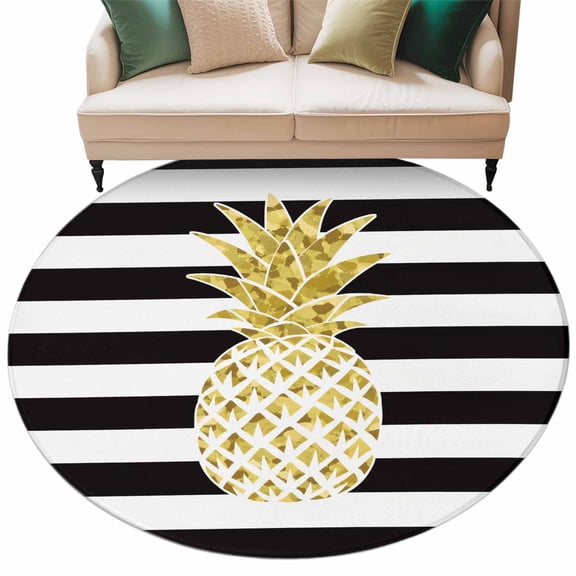 Round Rug 5ft Area Rug,Farmhouse Fruit Golden Pineapple Area Rugs for Living Room Bedroom,Black White Striped Floor Mat Non-Slip Non-Shedding Carpet Indoor Accent Rugs