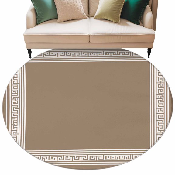 Round Rug 5ft Area Rug,Geometric Key Design on Brown Area Rugs for Living Room Bedroom,Classic Greece Ethnic Pattern Floor Mat Non-Slip Non-Shedding Carpet Indoor Accent Rugs