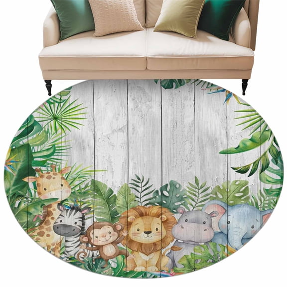 Round Rug 5ft Area Rug,Giraffe Zebra Monkey Lion Area Rugs for Living Room Bedroom,Animal Theme Tropical Plant Floor Mat Non-Slip Non-Shedding Carpet Indoor Accent Rugs