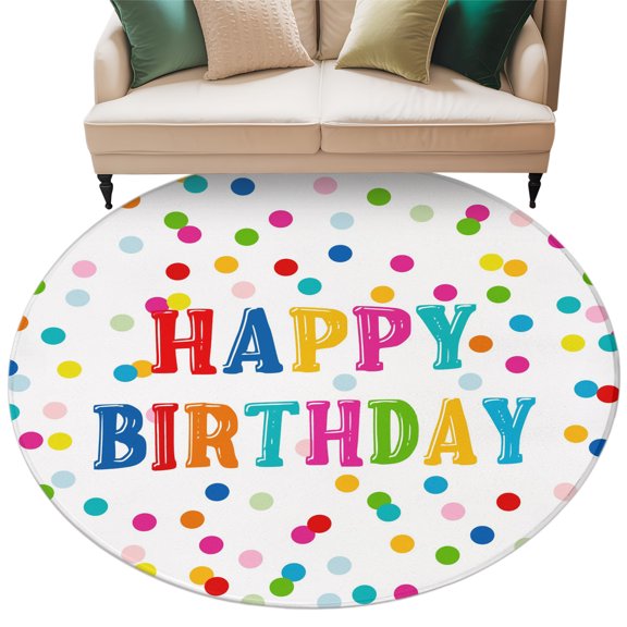 Round Rug 5ft Area Rug, Happy Birthday Rainbow Theme Area Rugs for Living Room Bedroom, Colorful Polka Dot Floor Mat Non-Slip Non-Shedding Carpet Indoor Accent Rugs