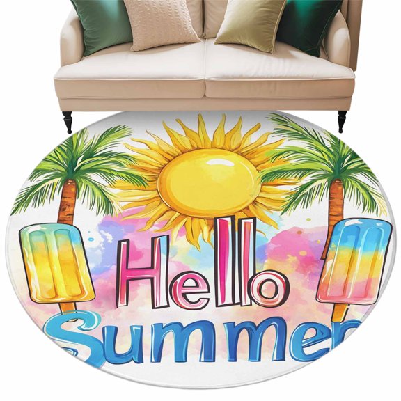 Round Rug 5ft Area Rug,Hello Summer Text Sun Palm Tree Area Rugs for Living Room Bedroom,Colorful Ocean Seaside Theme Floor Mat Non-Slip Non-Shedding Carpet Indoor Accent Rugs