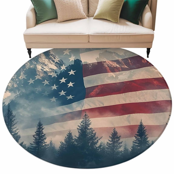 Round Rug 5ft Area Rug,Independence Day Mountain Forest Area Rugs for Living Room Bedroom,Retro USA Flag Floor Mat Non-Slip Non-Shedding Carpet Indoor Accent Rugs
