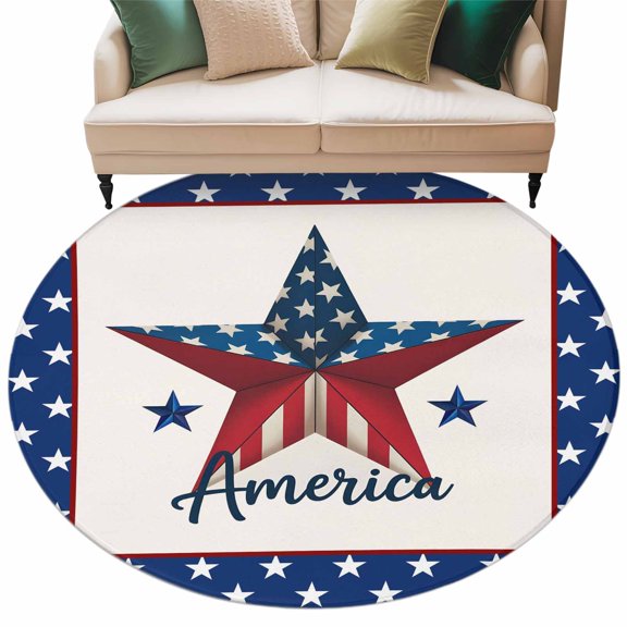 Round Rug 5ft Area Rug,Independence Day U.S. Flag Area Rugs for Living Room Bedroom,White Stars on Blue Floor Mat Non-Slip Non-Shedding Carpet Indoor Accent Rugs