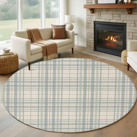 Round Rug 5ft Area Rug, Light Blue Stripe on Linen Area Rugs for Living Room Bedroom, Rustic Checker Plaid Floor Mat Non-Slip Non-Shedding Carpet Indoor Accent Rugs