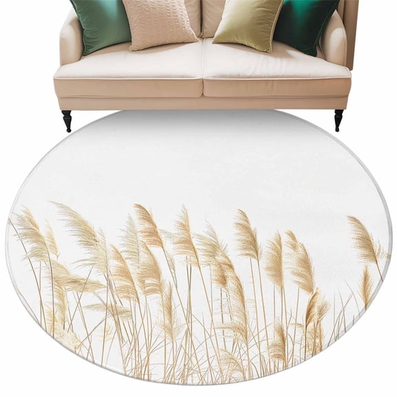 Round Rug 5ft Area Rug,Pastoral Reed Pampas Grass Plant Area Rugs for Living Room Bedroom,Autumn Botanical on White Floor Mat Non-Slip Non-Shedding Carpet Indoor Accent Rugs