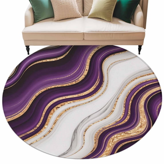 Round Rug 5ft Area Rug,Purple Marble Gold Inlay Area Rugs for Living Room Bedroom,Abstract Geometric Stripes Floor Mat Non-Slip Non-Shedding Carpet Indoor Accent Rugs