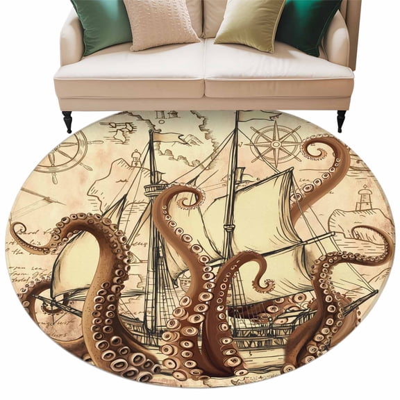 Round Rug 5ft Area Rug, Retro Coastal Ocean Octopus Area Rugs for Living Room Bedroom, Nautical Sailing Boat on Map Floor Mat Non-Slip Non-Shedding Carpet Indoor Accent Rugs