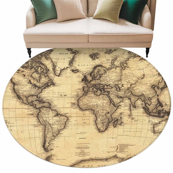 Round Rug 5ft Area Rug, Retro Yellow World Map North America Asia Area Rugs for Living Room Bedroom, Pacific Plate Floor Mat Non-Shedding Non-Slip Carpet Indoor Accent Rugs
