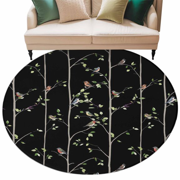 Round Rug 5ft Area Rug, Spring Sparrows on Branches Area Rugs for Living Room Bedroom, Abstract Country Bird Floor Mat Non-Shedding Non-Slip Carpet Indoor Accent Rugs