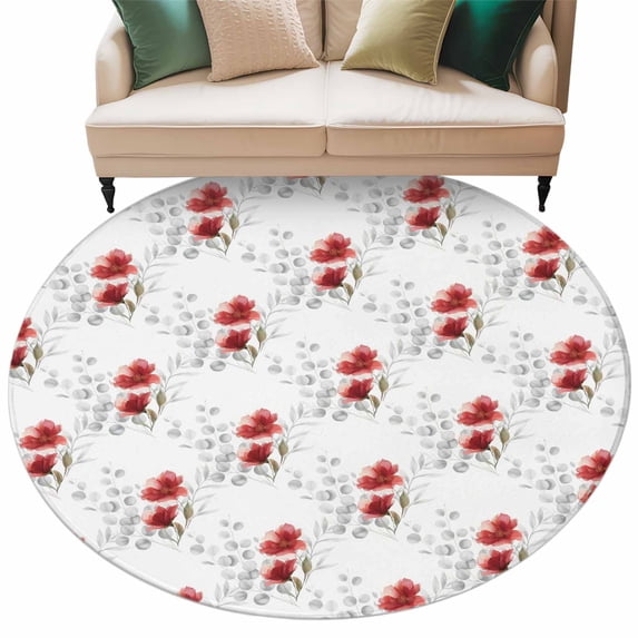 Round Rug 5ft Area Rug,Spring Watercolor Red Poppy Flower Area Rugs for Living Room Bedroom,Gray Eucalyptus Leaves Floor Mat Non-Slip Non-Shedding Carpet Indoor Accent Rugs