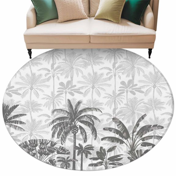 Round Rug 5ft Area Rug, Summer Botanical Palm Trees Area Rugs for Living Room Bedroom, Abstract Beach Scenery Floor Mat Non-Slip Non-Shedding Carpet Indoor Accent Rugs
