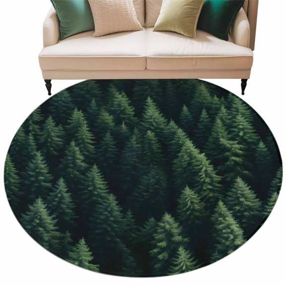 Round Rug 5ft Area Rug,Summer Green Forest Plant Area Rugs for Living Room Bedroom,Botanical Pine Tree Floor Mat Non-Slip Non-Shedding Carpet Indoor Accent Rugs