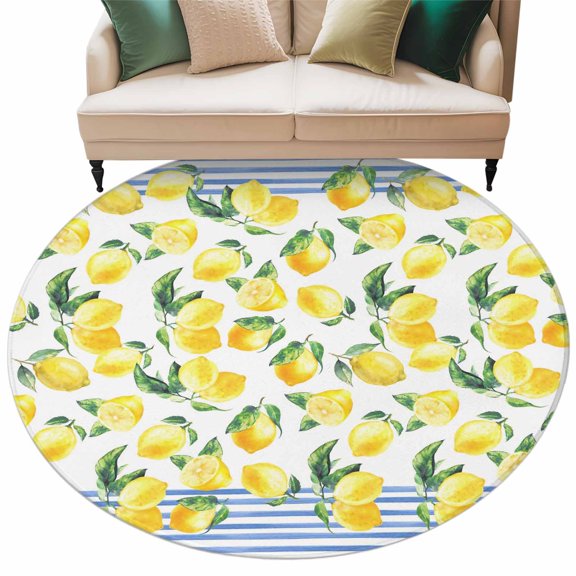 Round Rug 5ft Area Rug, Summer Lemon Blue Stripes Area Rugs for Living Room Bedroom, Pastoral Green Leaves Floor Mat Non-Shedding Non-Slip Carpet Indoor Accent Rugs