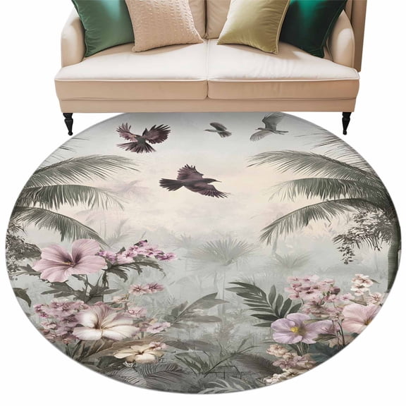 Round Area Rug for Living Room Bedroom, Farmhouse Highland Cows Floral Round Rugs Non-slip Washable Floor Carpet, Rustic Garden Flower Soft Circle Rug 3ft