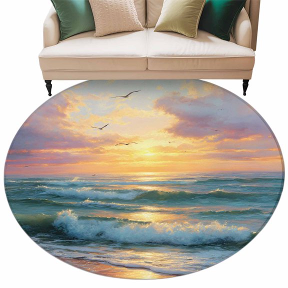 Round Rug 5ft Area Rug, Summer Seaside Sunset Seagull Area Rugs for Living Room Bedroom, Coastal Ocean Beach Theme Floor Mat Non-Shedding Non-Slip Carpet Indoor Accent Rugs