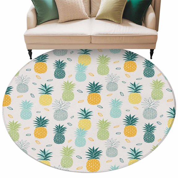 Round Rug 5ft Area Rug, Summer Watercolor Pineapple Area Rugs for Living Room Bedroom, Abstract Farm Fruit Floor Mat Non-Slip Non-Shedding Carpet Indoor Accent Rugs