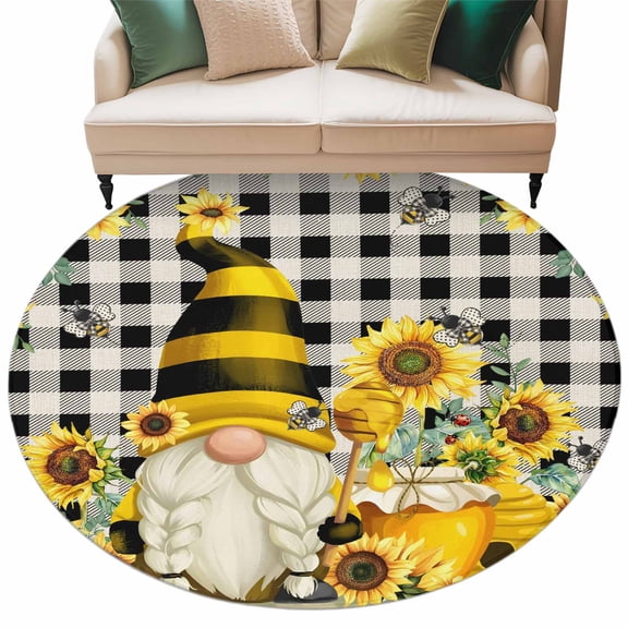 Round Rug 5ft Area Rug, Sunflower Dwarf Bee Green Leaves Area Rugs for Living Room Bedroom, Black White Checkered Floor Mat Non-Shedding Non-Slip Carpet Indoor Accent Rugs