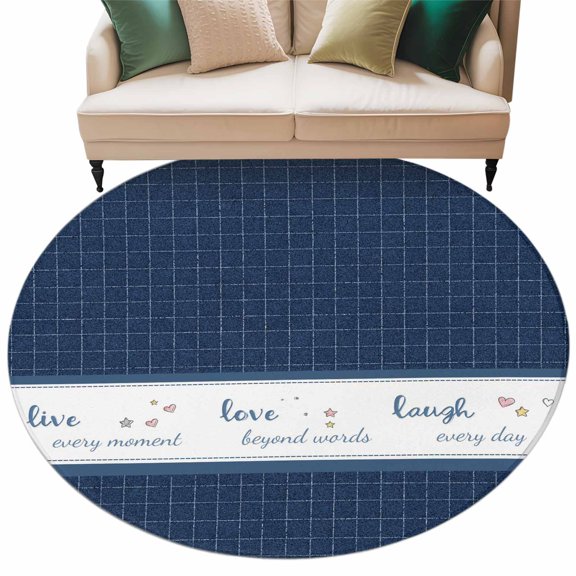 Round Rug 5ft Area Rug, Vintage Blue Plaid Stripes Area Rugs for Living Room Bedroom, Laugh Every Day Quote Floor Mat Non-Slip Non-Shedding Carpet Indoor Accent Rugs