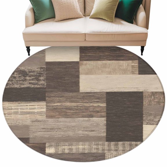 Round Rug 5ft Area Rug, Vintage Country Wooden Grain Area Rugs for Living Room Bedroom, Abstract Color Blocks Floor Mat Non-Slip Non-Shedding Carpet Indoor Accent Rugs
