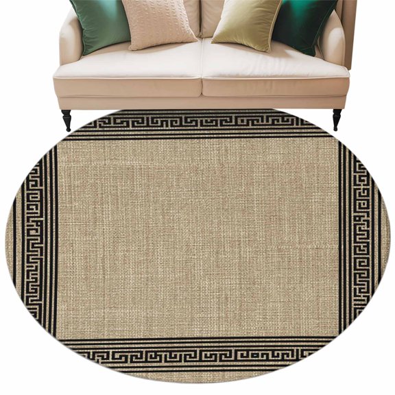 Round Rug 5ft Area Rug, Vintage Greece Pattern Area Rugs for Living Room Bedroom, Geometric Black Line on Brown Floor Mat Non-Slip Non-Shedding Carpet Indoor Accent Rugs