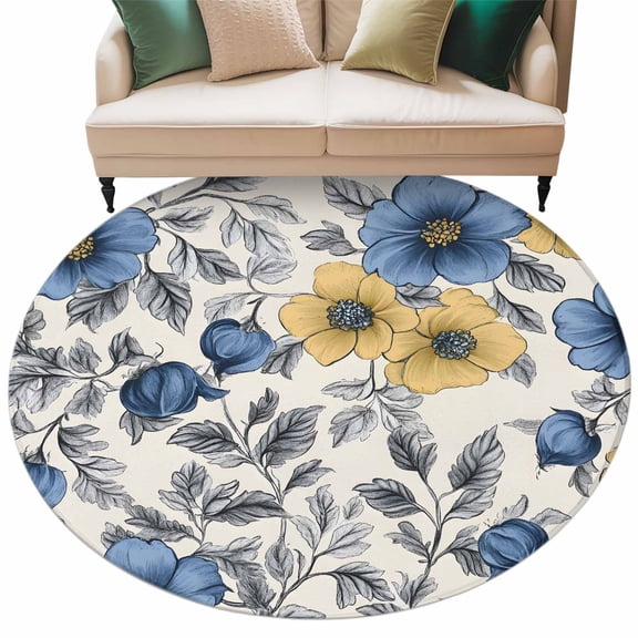 Round Rug 5ft Area Rug,Vintage Yellow Blue Flower Leaves Area Rugs for Living Room Bedroom,Watercolor Spring Floral Floor Mat Non-Slip Non-Shedding Carpet Indoor Accent Rugs