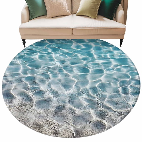 Round Rug 5ft Area Rug,Water Ripple Seaside Beach Area Rugs for Living Room Bedroom,Summer Ocean Theme Floor Mat Non-Slip Non-Shedding Carpet Indoor Accent Rugs
