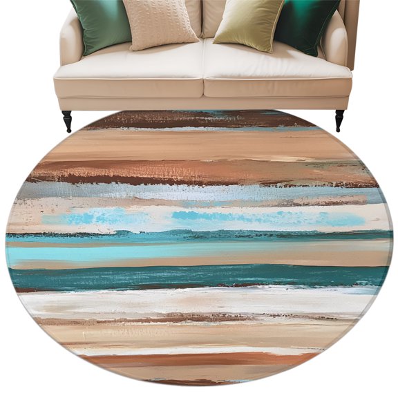 Round Rug 5ft Area Rug, Watercolor Brown Turquoise Texture Area Rugs for Living Room Bedroom, Abstract Wood Grain Floor Mat Non-Slip Non-Shedding Carpet Indoor Accent Rugs